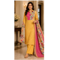 Women's Mustard Printed Kurta Pant Set with Floral Dupatta