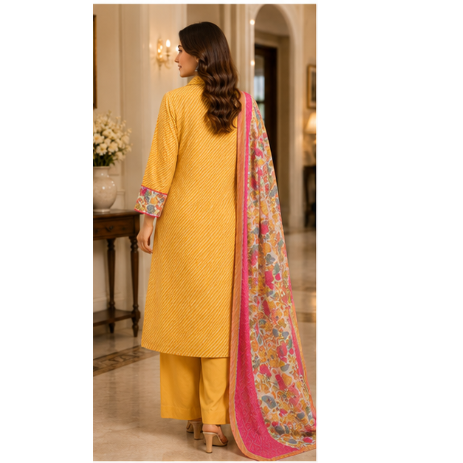 Women's Mustard Printed Kurta Pant Set with Floral Dupatta