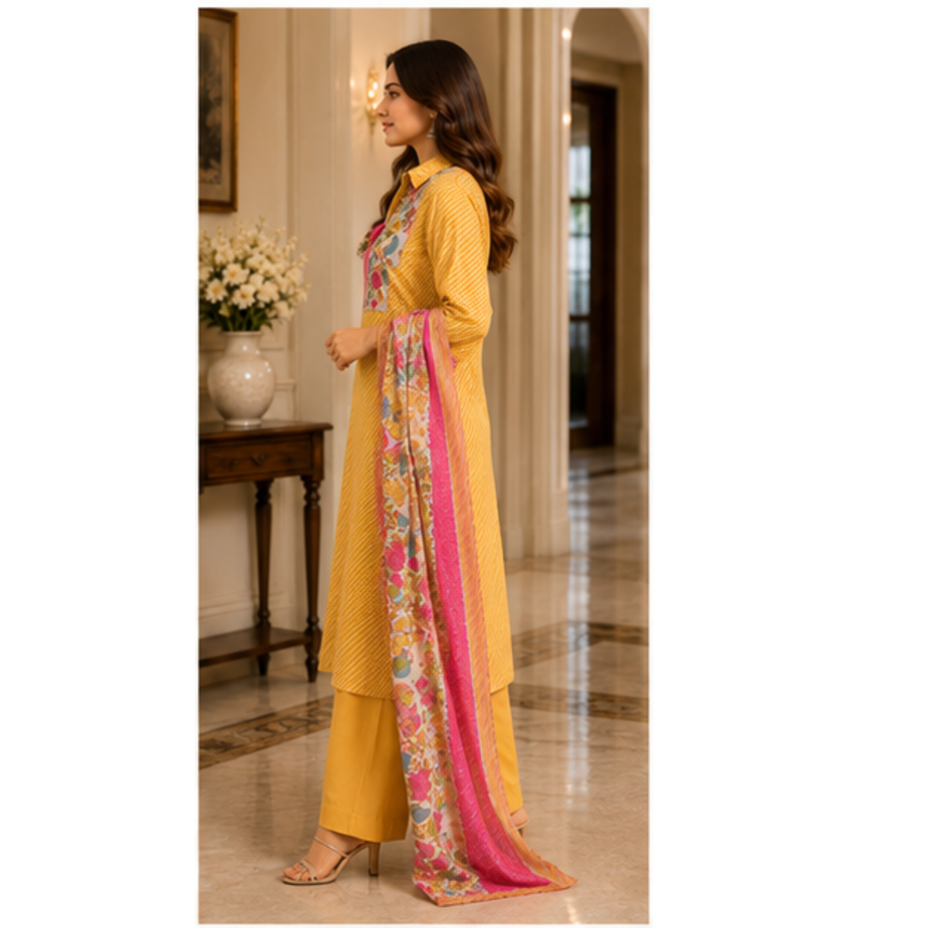 Women's Mustard Printed Kurta Pant Set with Floral Dupatta