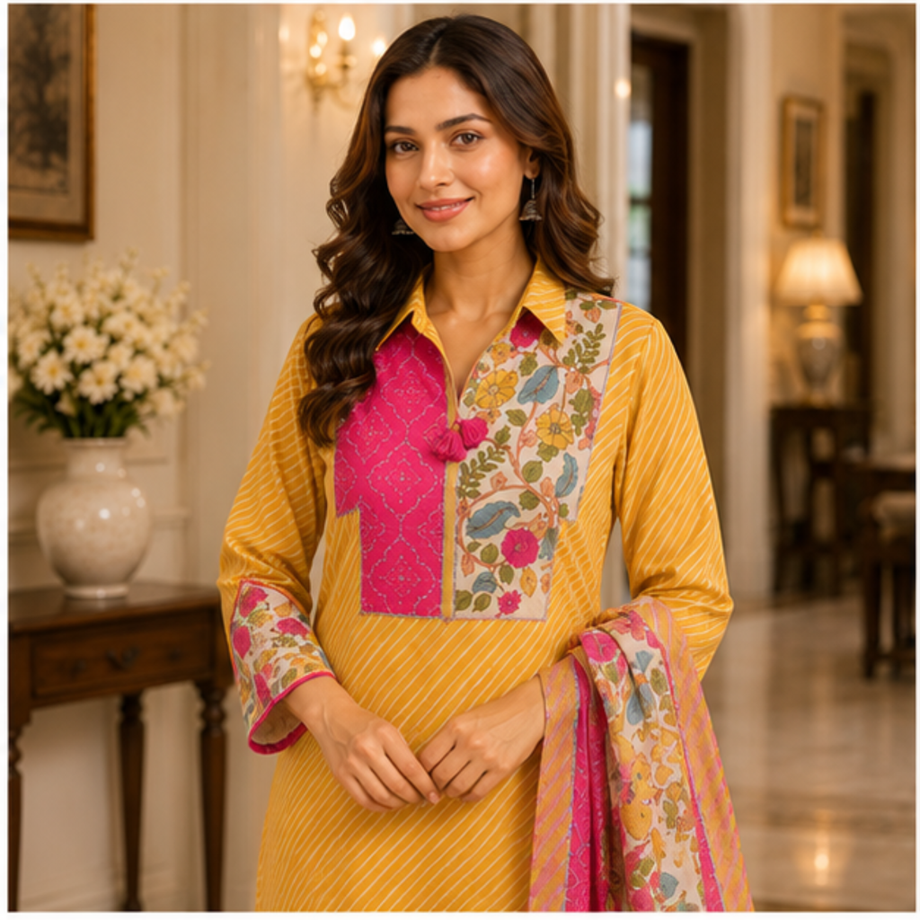 Women's Mustard Printed Kurta Pant Set with Floral Dupatta