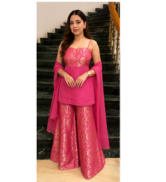 Radiant Pink Embroidered Kurta Set with Palazzo & Dupatta