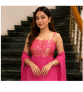 Radiant Pink Embroidered Kurta Set with Palazzo & Dupatta