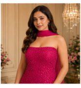 Elegant Magenta Strapless Kurta Set with Palazzo & Dupatta