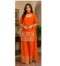 Vibrant Orange Printed Kurta Set with Palazzo & Dupatta