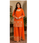 Vibrant Orange Printed Kurta Set with Palazzo & Dupatta
