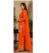 Vibrant Orange Printed Kurta Set with Palazzo & Dupatta