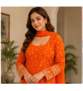 Vibrant Orange Printed Kurta Set with Palazzo & Dupatta