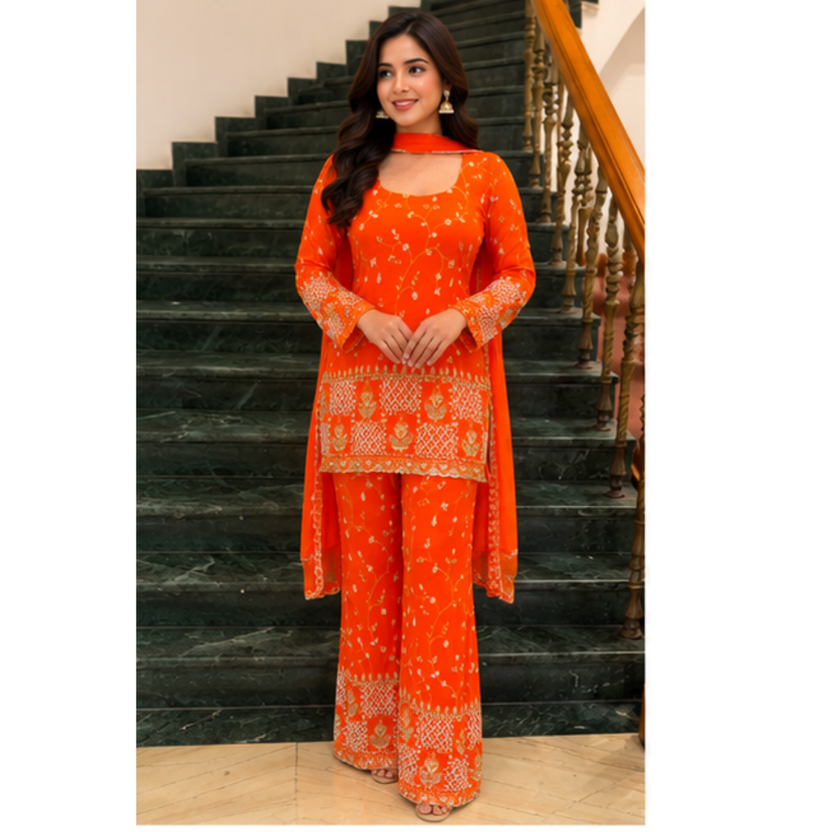 Vibrant Orange Printed Kurta Set with Palazzo & Dupatta