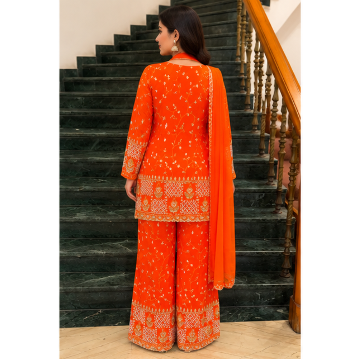 Vibrant Orange Printed Kurta Set with Palazzo & Dupatta