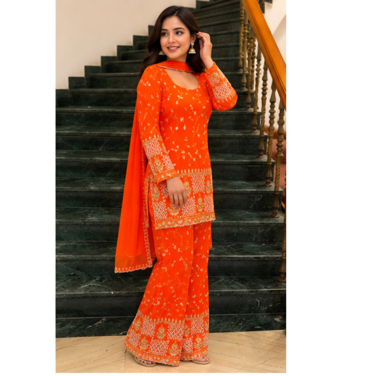 Vibrant Orange Printed Kurta Set with Palazzo & Dupatta