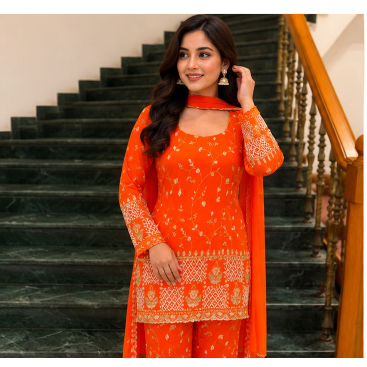 Vibrant Orange Printed Kurta Set with Palazzo & Dupatta