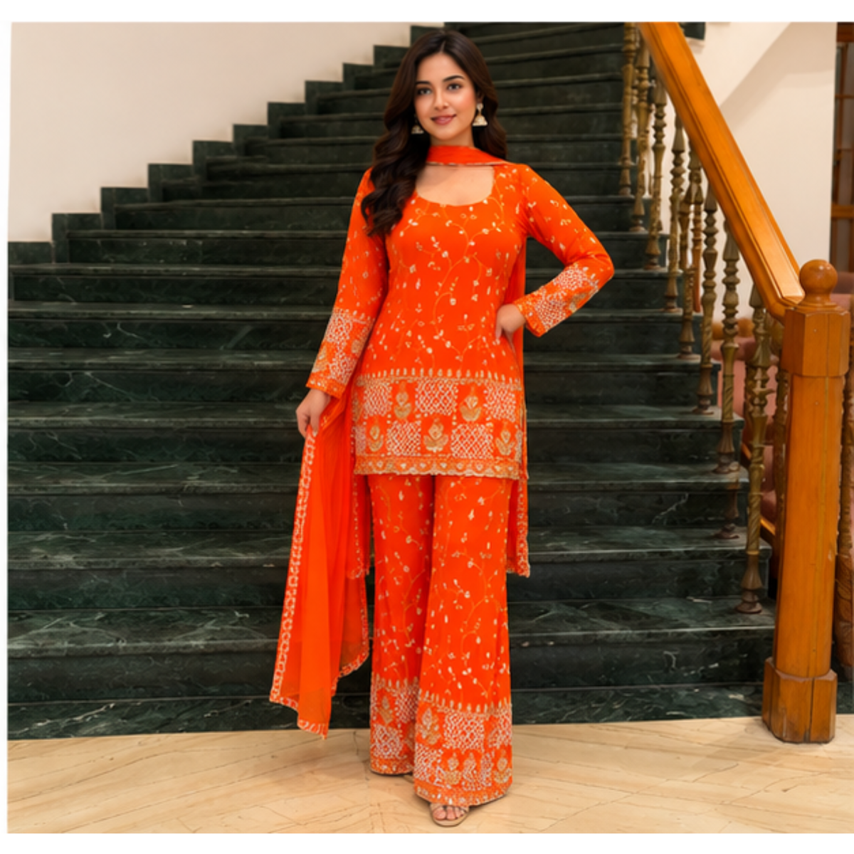 Vibrant Orange Printed Kurta Set with Palazzo & Dupatta