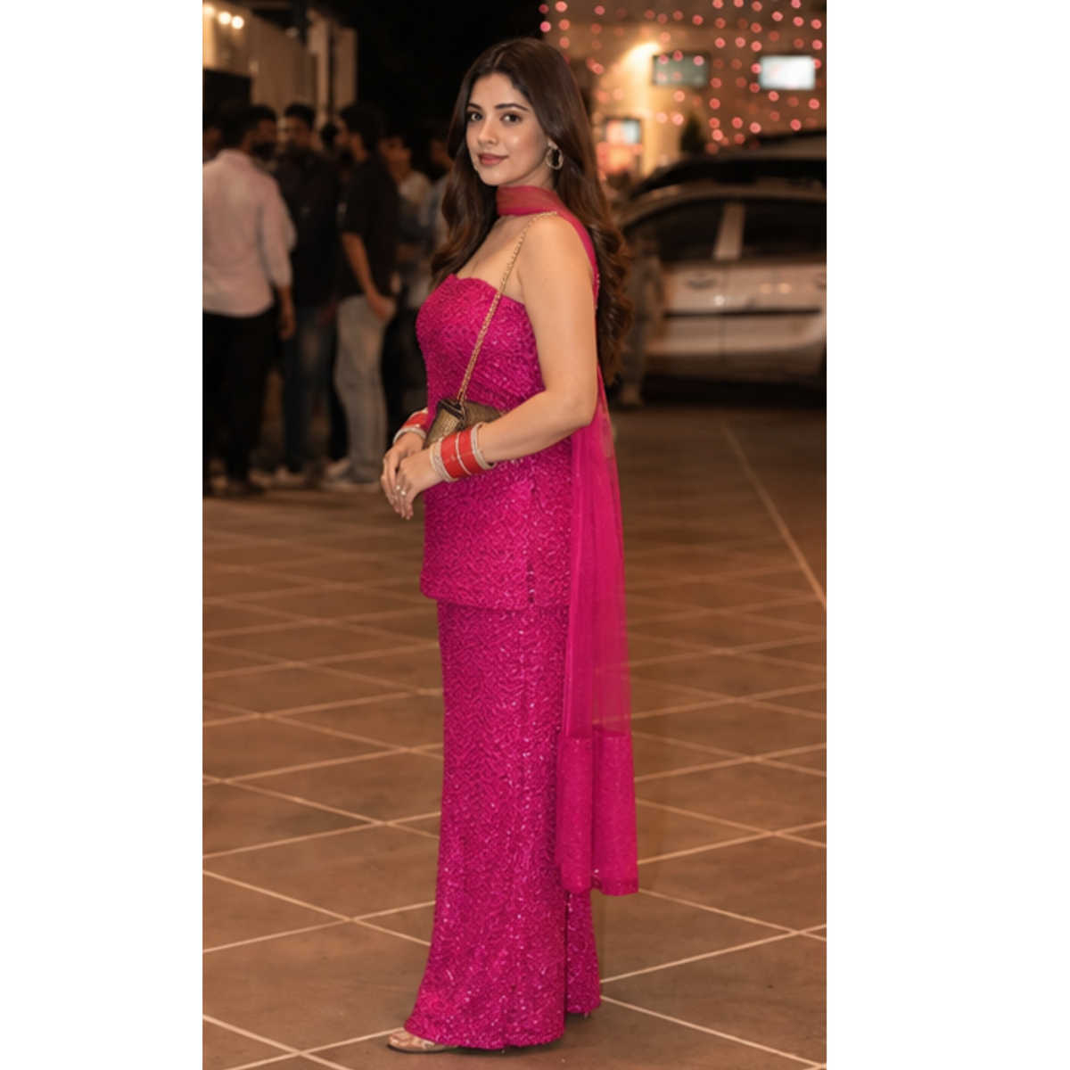 Elegant Magenta Strapless Kurta Set with Palazzo & Dupatta