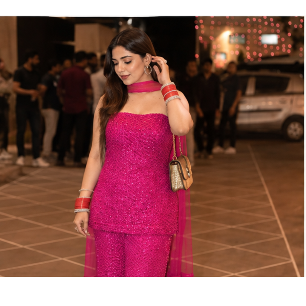 Elegant Magenta Strapless Kurta Set with Palazzo & Dupatta