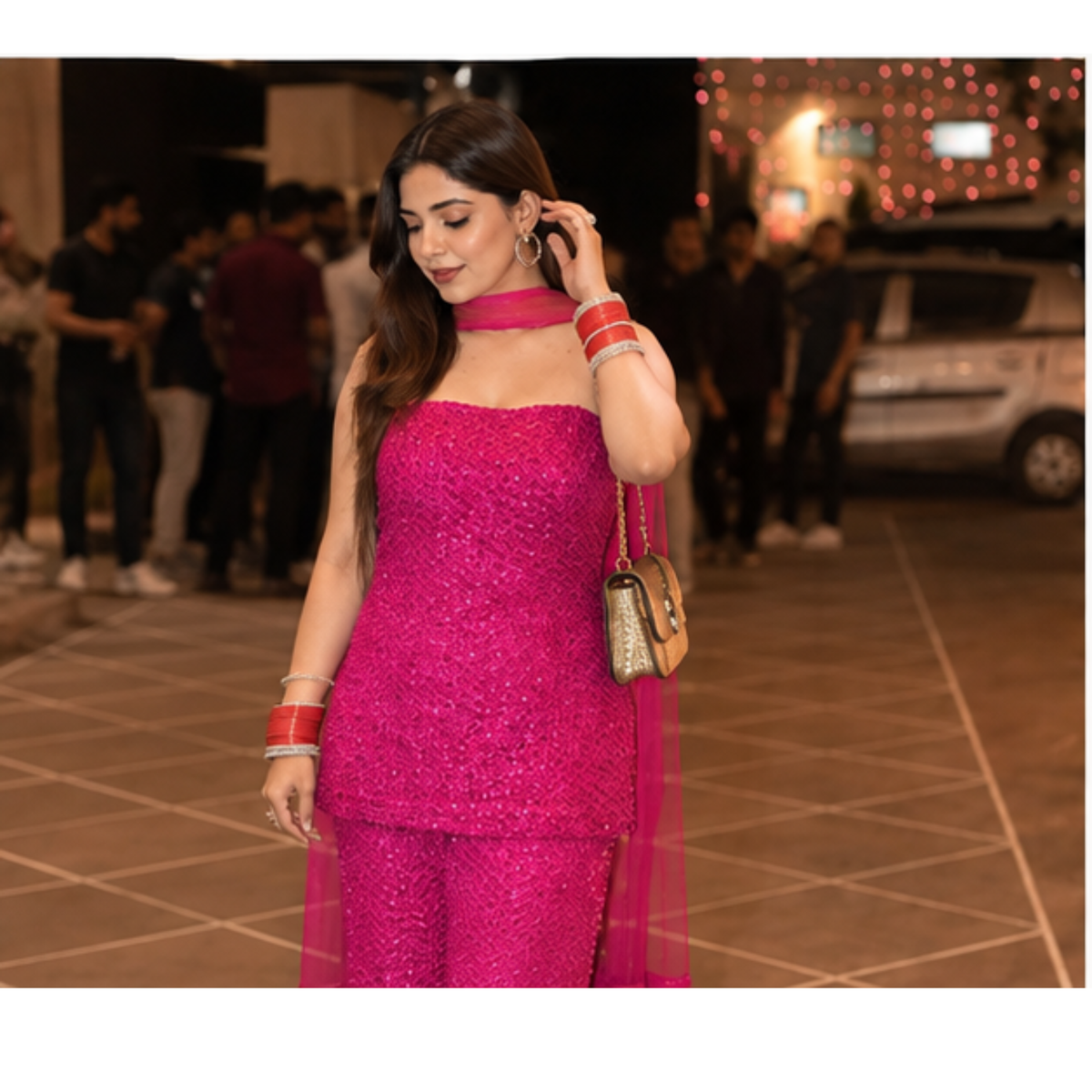 Elegant Magenta Strapless Kurta Set with Palazzo & Dupatta