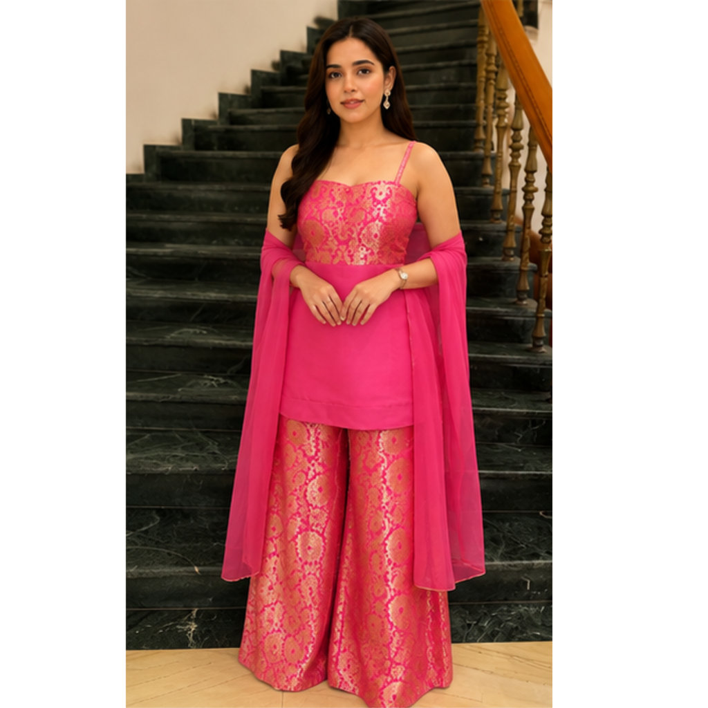 Radiant Pink Embroidered Kurta Set with Palazzo & Dupatta