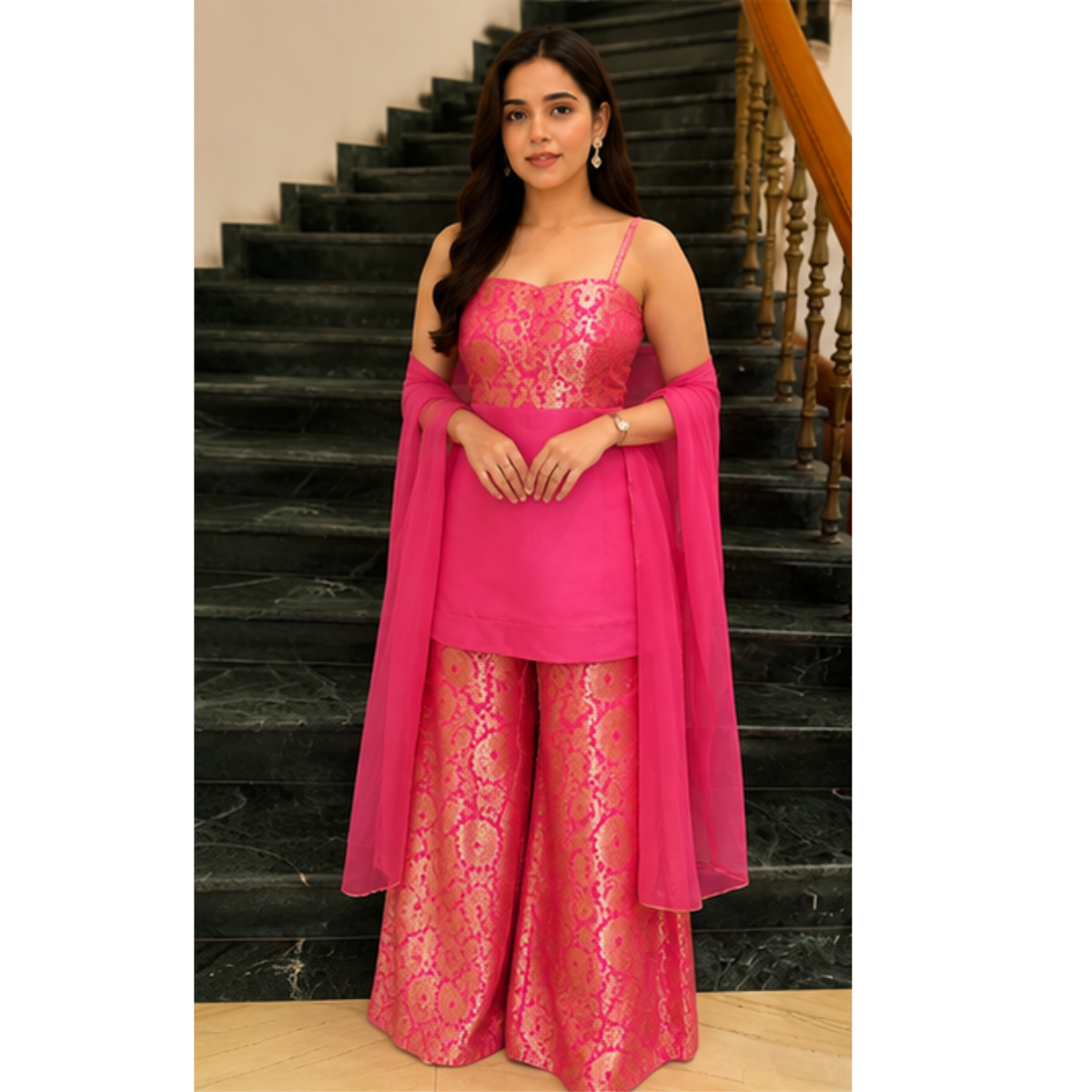 Radiant Pink Embroidered Kurta Set with Palazzo & Dupatta