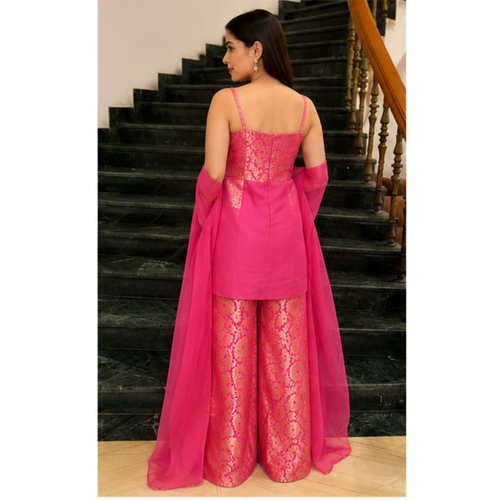 Radiant Pink Embroidered Kurta Set with Palazzo & Dupatta