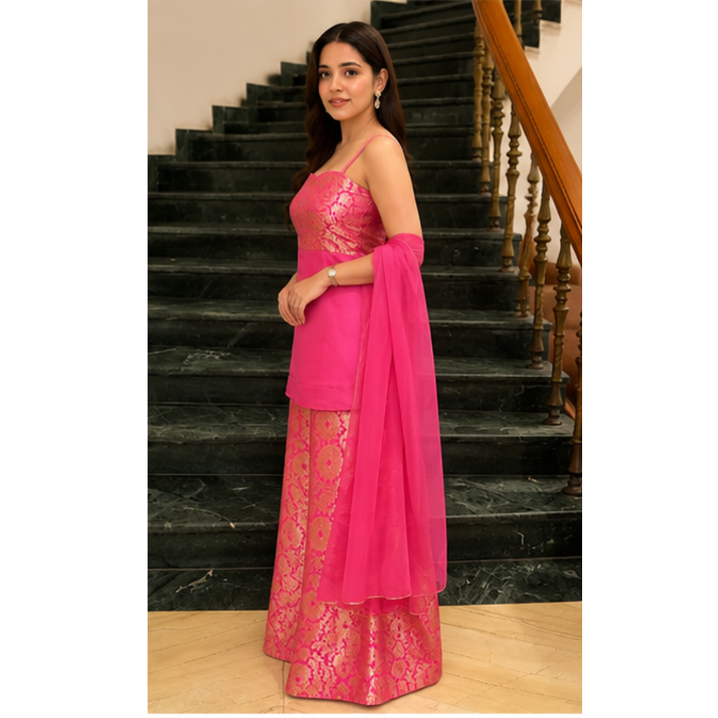 Radiant Pink Embroidered Kurta Set with Palazzo & Dupatta