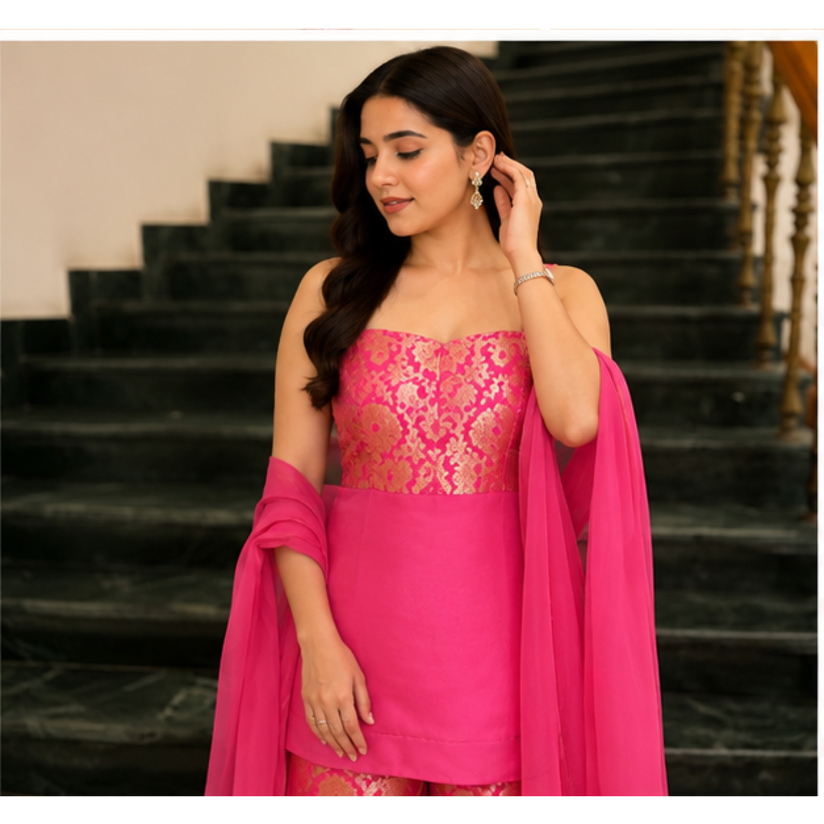 Radiant Pink Embroidered Kurta Set with Palazzo & Dupatta