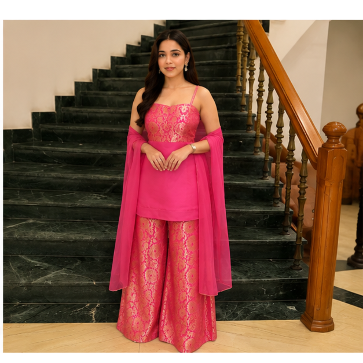 Radiant Pink Embroidered Kurta Set with Palazzo & Dupatta