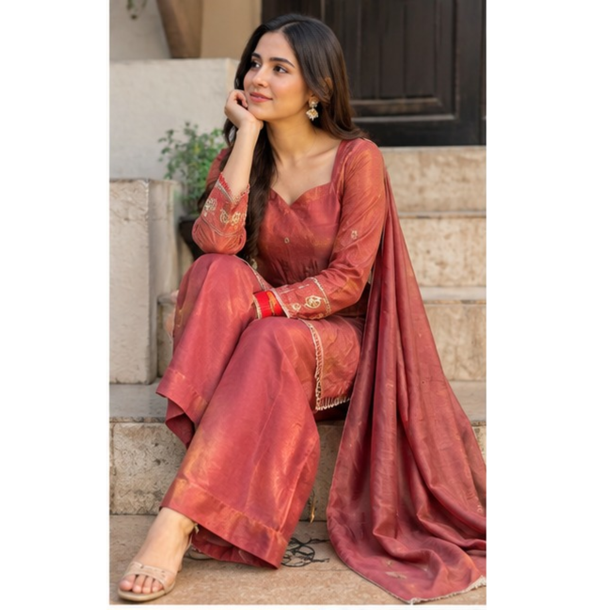 Rust Elegance Embroidered Suit Set