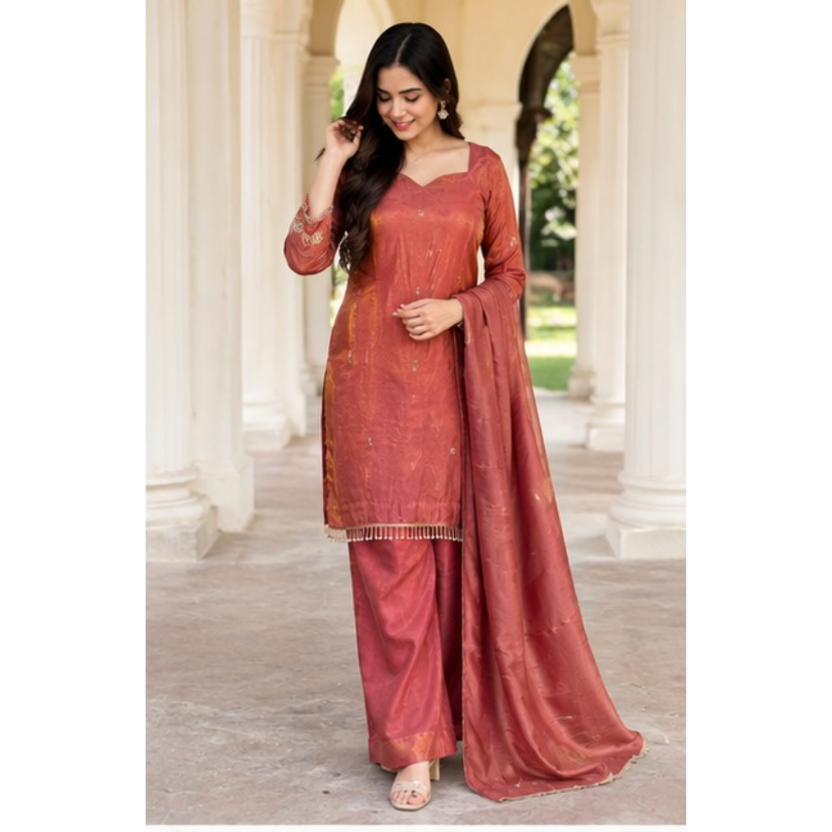 Rust Elegance Embroidered Suit Set