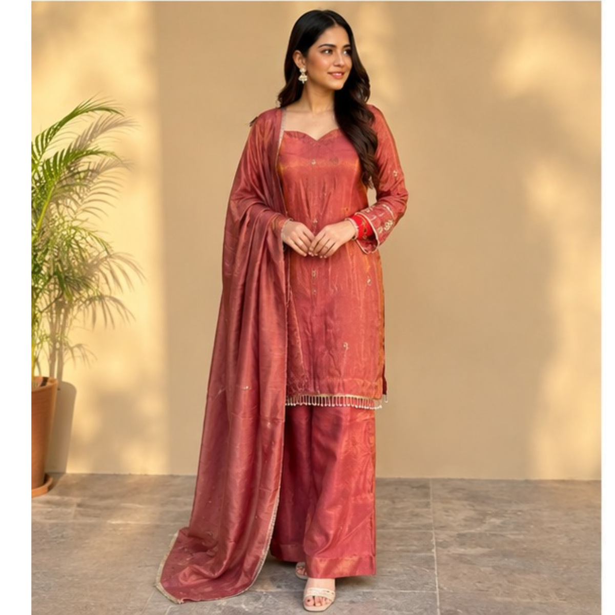 Rust Elegance Embroidered Suit Set