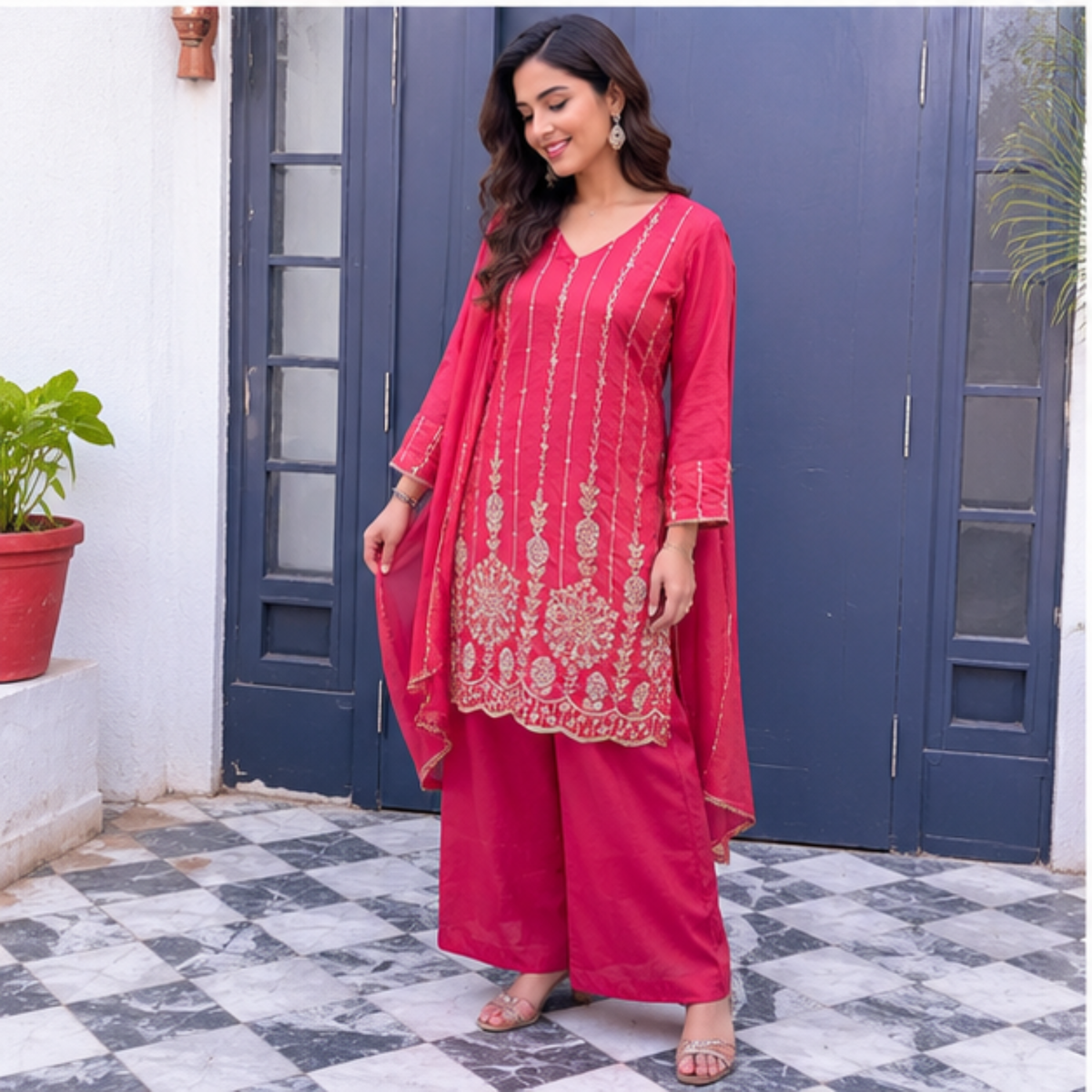 Pink Embroidered Festive Suit