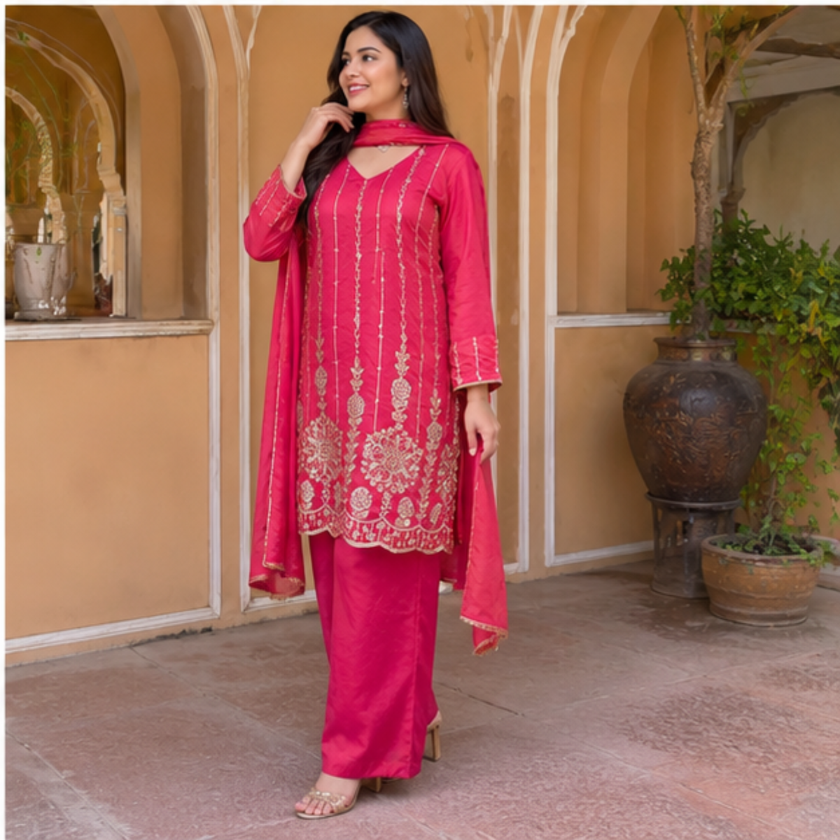 Pink Embroidered Festive Suit