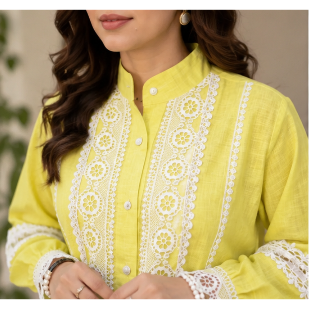 Women's Breeze Cotton Lace Work Cord Set | Premium Summer Co-Ord Set with Straight Pants | Yellow