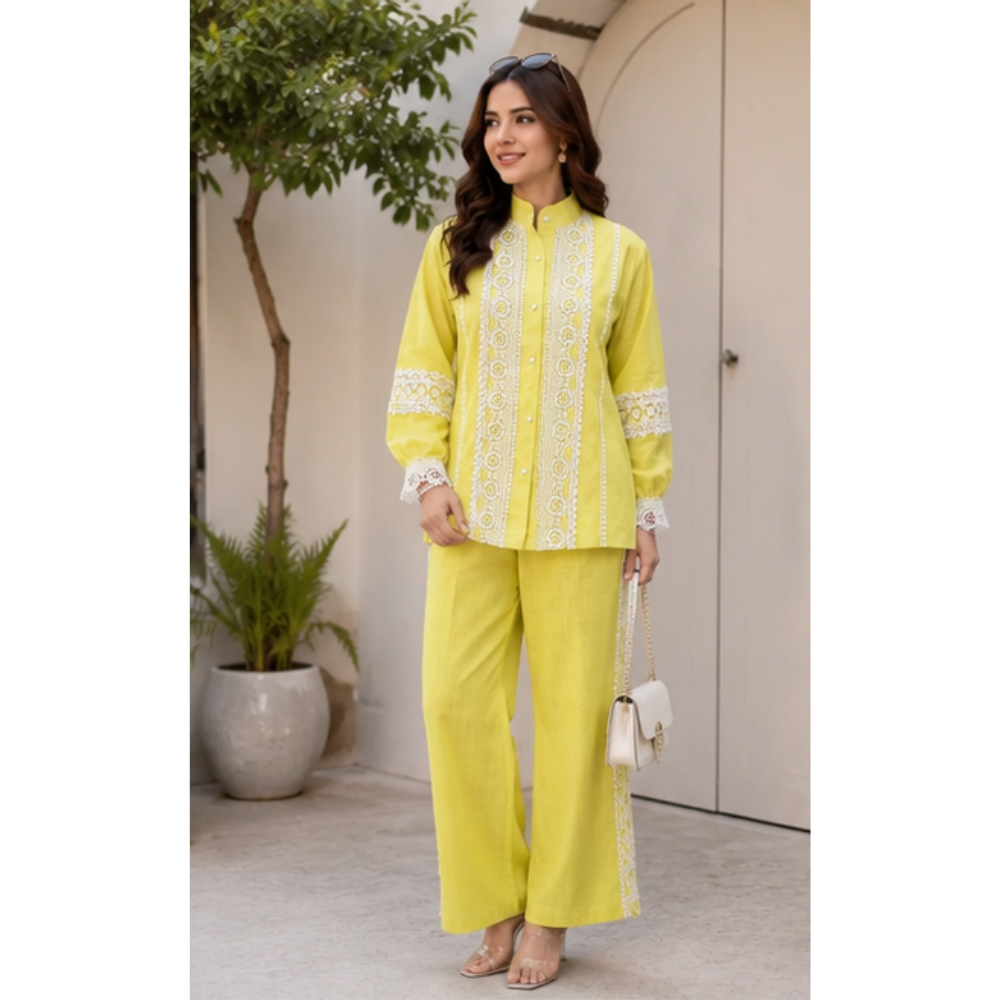 Women's Breeze Cotton Lace Work Cord Set | Premium Summer Co-Ord Set with Straight Pants | Yellow
