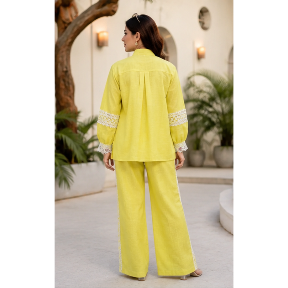 Women's Breeze Cotton Lace Work Cord Set | Premium Summer Co-Ord Set with Straight Pants | Yellow