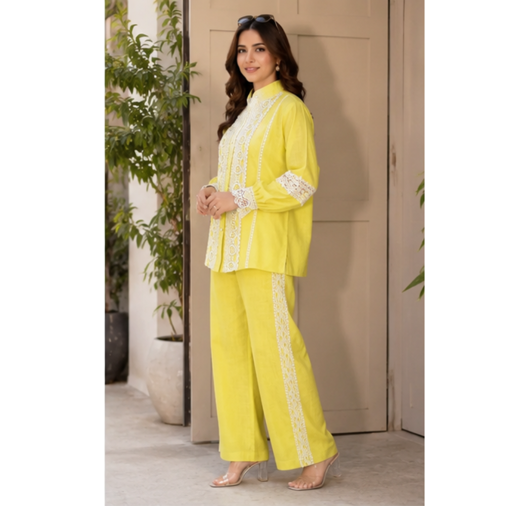 Women's Breeze Cotton Lace Work Cord Set | Premium Summer Co-Ord Set with Straight Pants | Yellow